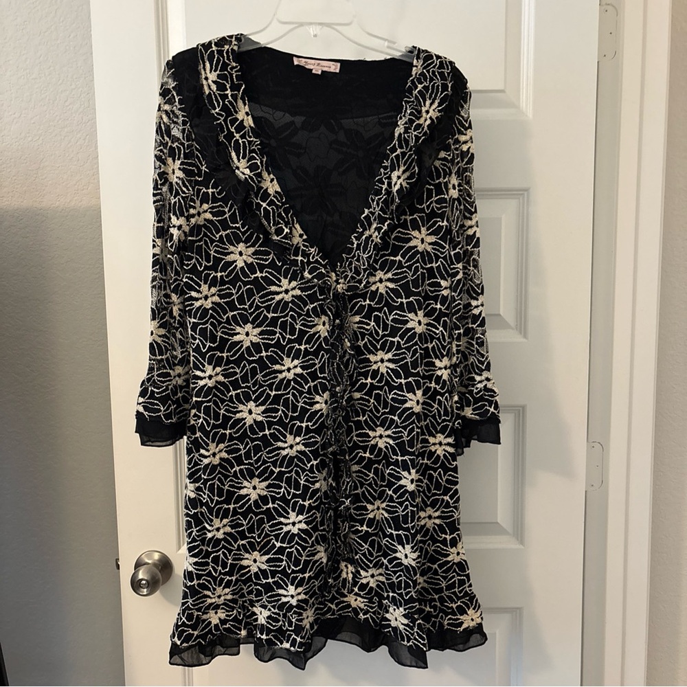 Young Essence Boho Cottage Core Peasant Fairy  Lace Top Cover XL Black Off White
